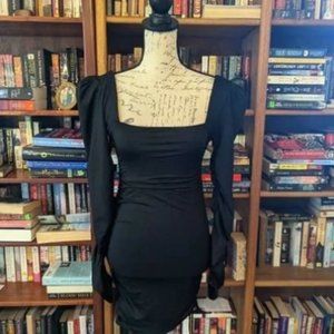 black square neck long puff sleeve ruched bodycon mini sz 4 nwt